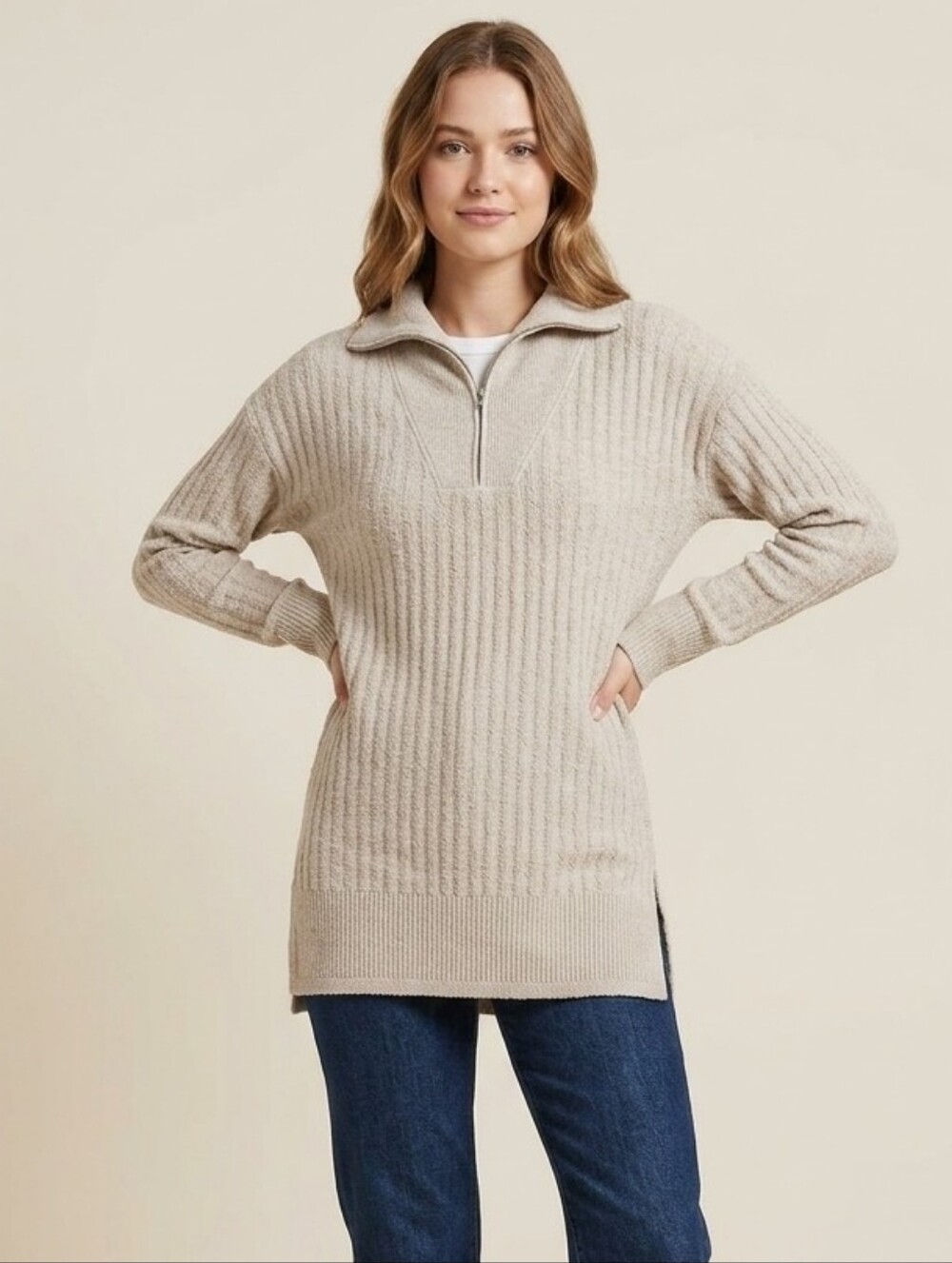 Lole Camila Half-Zip Knit Creme Sweater Cozycore Cabin Core Minimalist Wool L